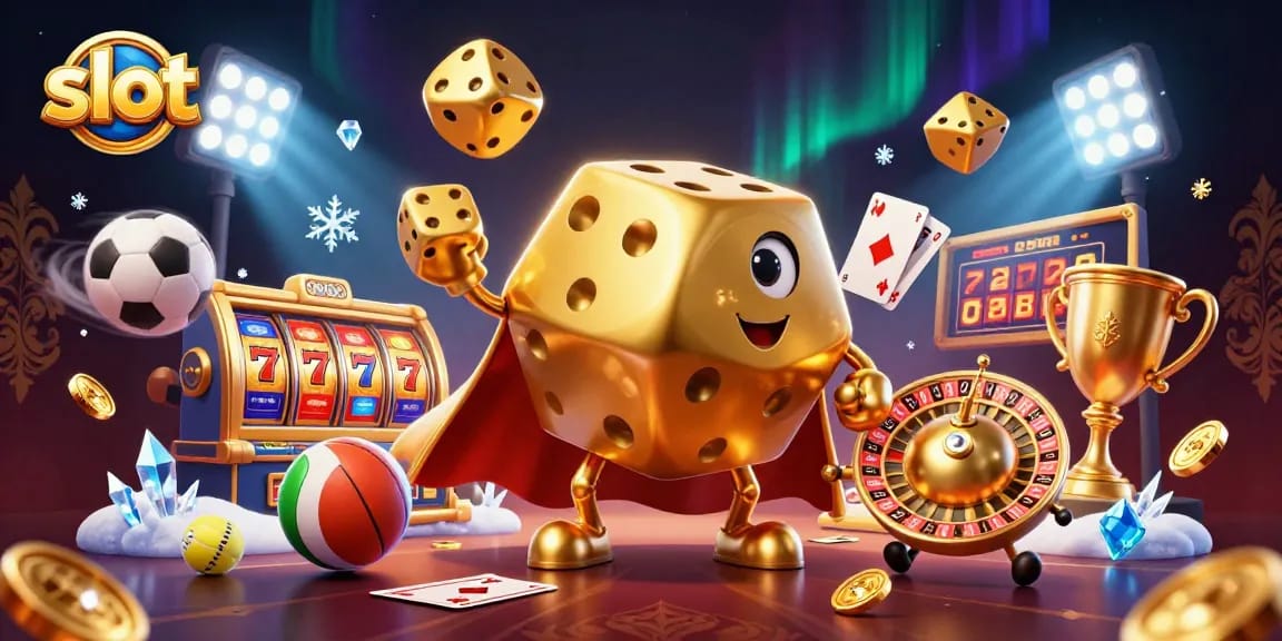 Experience thrilling slot action with a 3D cartoon dice golem juggling golden dice, capturing the excitement of gaming.