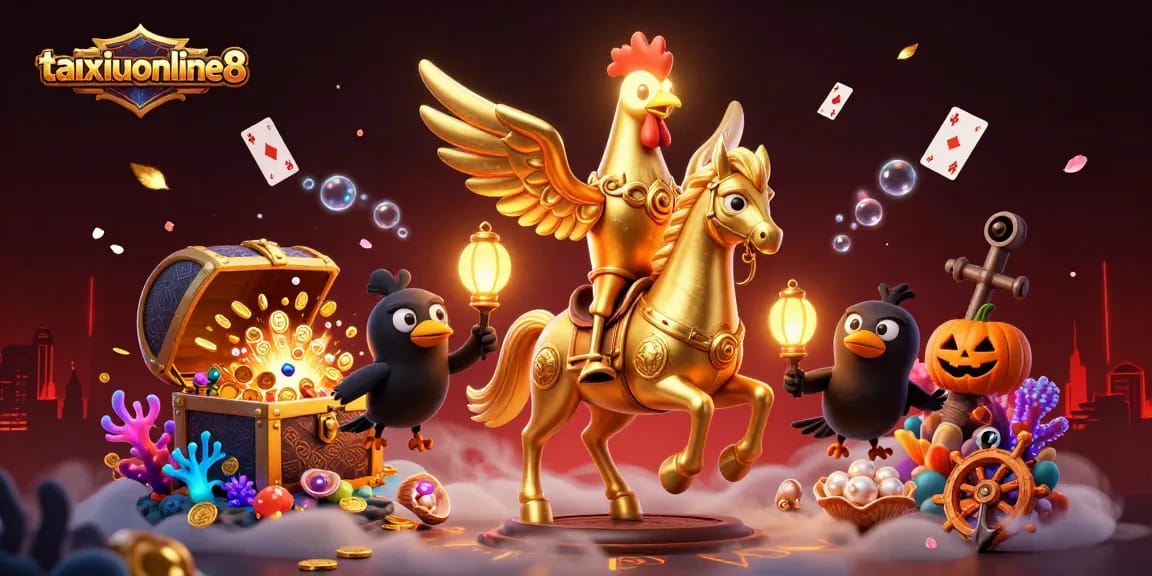 Engage with taixiuonline8 in an ornate casino scene filled with vibrant treasures and enchanting characters.