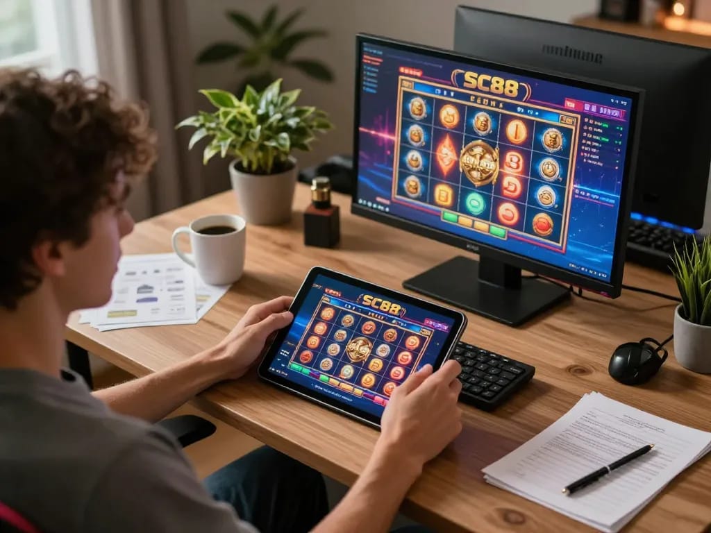 Engaging gameplay at SC88 casino, showcasing a person enjoying a vibrant slot game on a tablet at home.