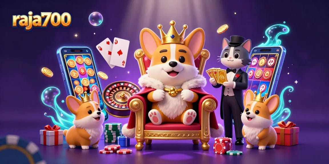 Raja700 menghadirkan corgi kerajaan bermain di atas tumpukan chip poker dalam suasana kasino yang meriah.