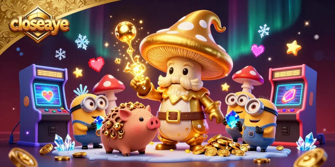 Experience the magic of closeaye with golden wizard and treasures in this vibrant casino-themed illustration.