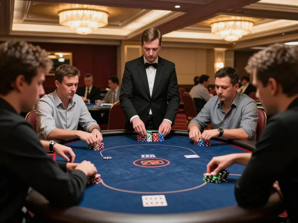 Players engaged in a KJC poker game under warm lighting, showcasing high-stakes action