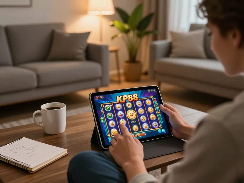 Player enjoying KP88 app on tablet in cozy living room during online gaming session.