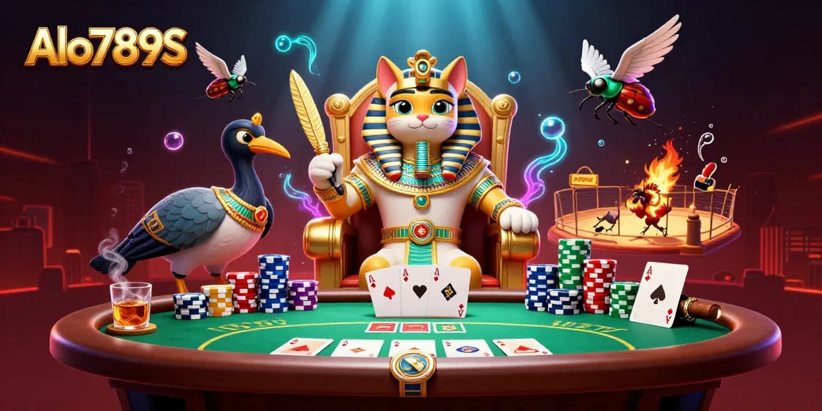 Alo789S showcases an exciting pharaoh cat and scribe in a vibrant cockfighting scene, with dynamic poker elements.