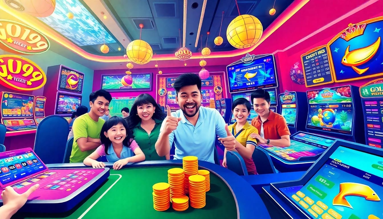 GO99 online gambling platform scene with players enjoying games, showcasing excitement and diversity.