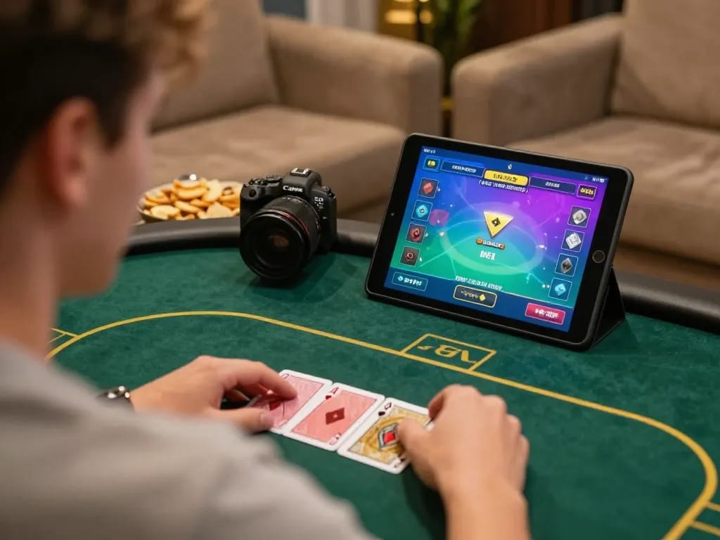 Player strategizing with sc88 app displaying poker game on tablet at home.