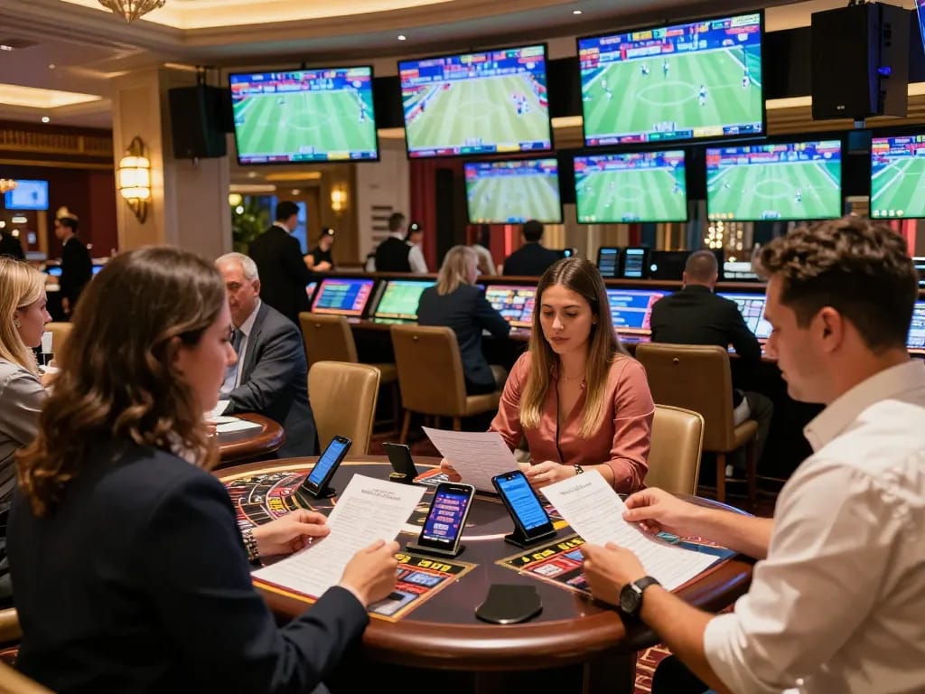 Engaged bettors analyzing ty le nha cai at a high-end sports betting area in a vibrant casino setting