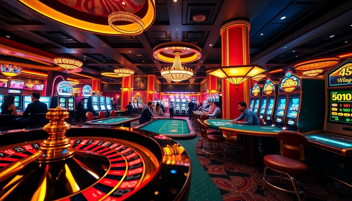 Experience the thrilling moment at LuckyWin with players enjoying roulette and poker in a glamorous casino.