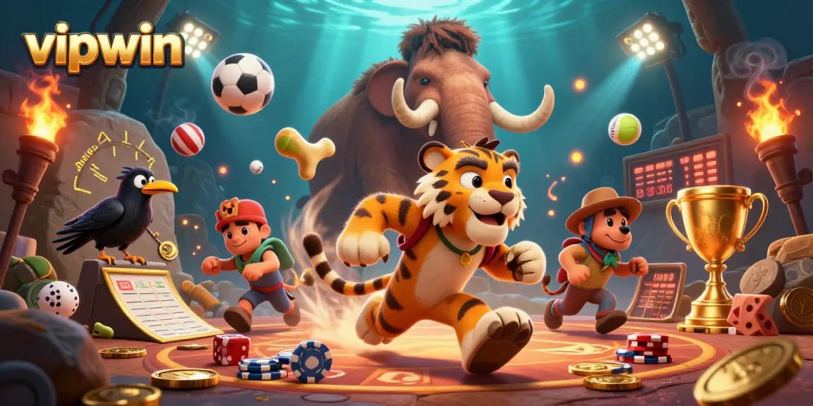 Experience thrilling action at vipwin with a vibrant prehistoric casino scene featuring lively characters and dynamic game elements.