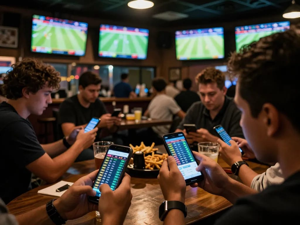 Kèo nhà cái displayed on smartphone while patrons engage in sports betting at a lively bar.