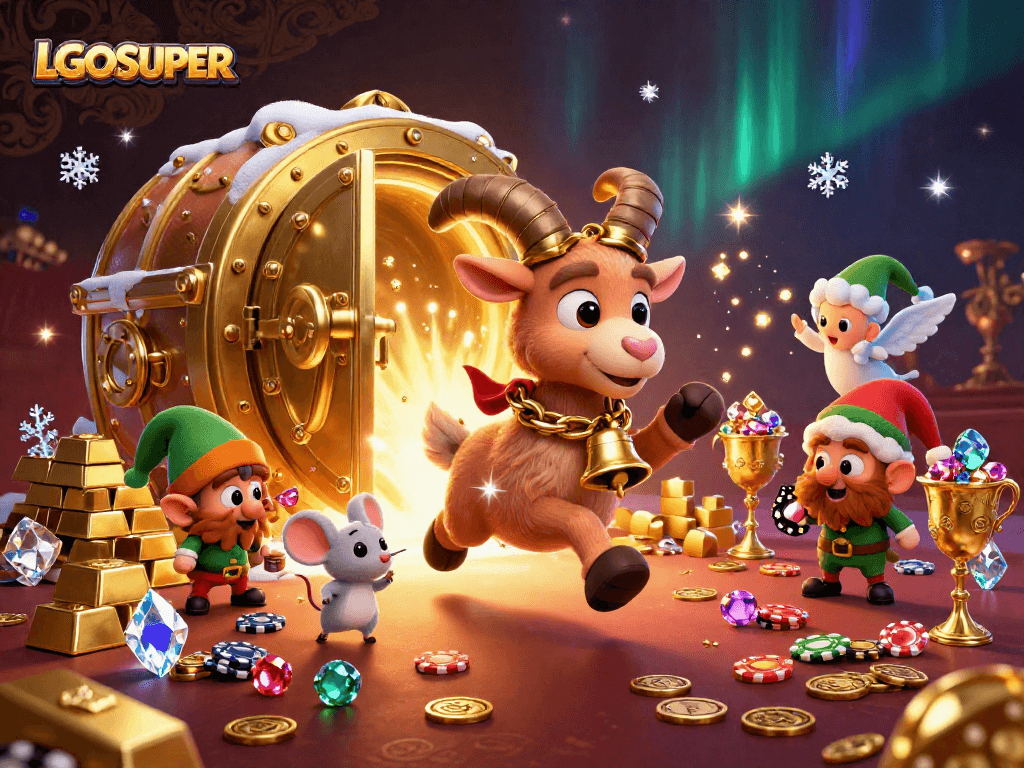 Experience LGOSUPER's vibrant gaming atmosphere with lively characters and dynamic slot elements.