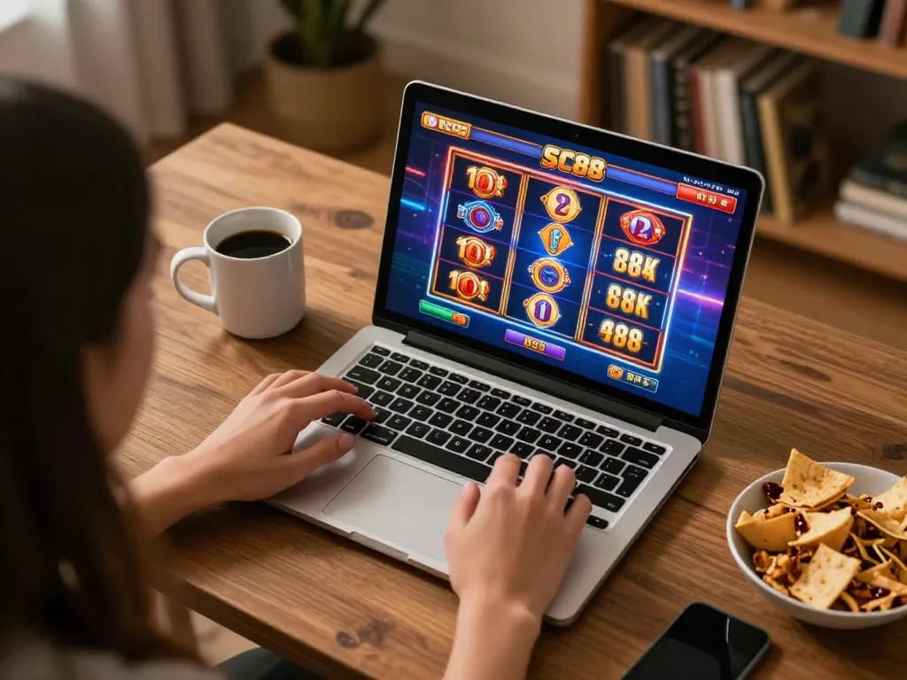 Engaging in SC88 online casino gaming with colorful interface in a cozy home setting