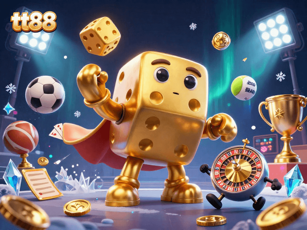 Engage with tt88 gaming excitement, featuring a dynamic scene with golden dice, sports elements, and animated characters.