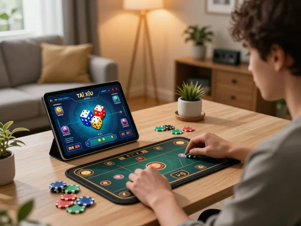 Engaged player enjoying the Tài Xỉu MD5 game on tablet, showcasing responsible online gambling.
