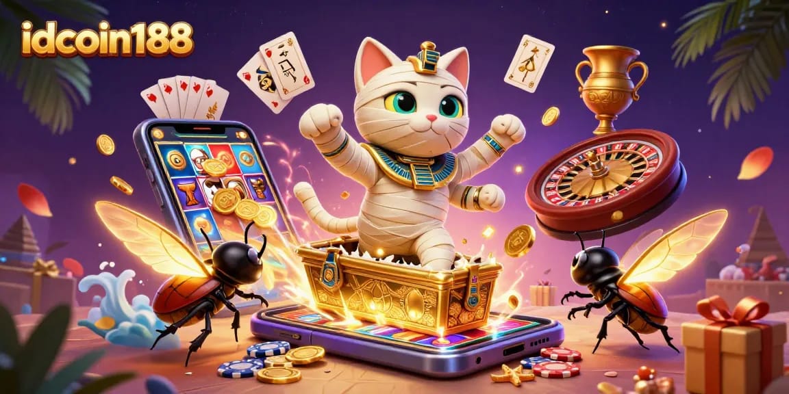 Spin to win at idcoin188 with a vibrant Egyptian-themed casino illustration brimming with action.