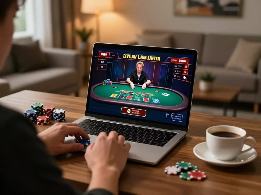 Player strategizing on cm88betjuara with a laptop at home, engaging in live blackjack.
