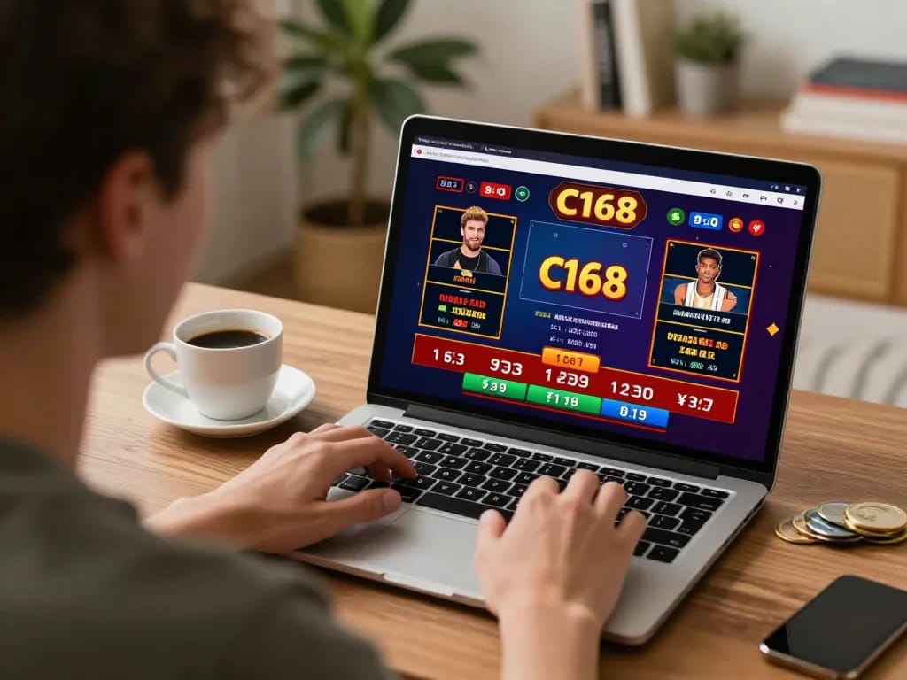 C168 player engaging with live dealer game on laptop, representing a thrilling online gambling experience
