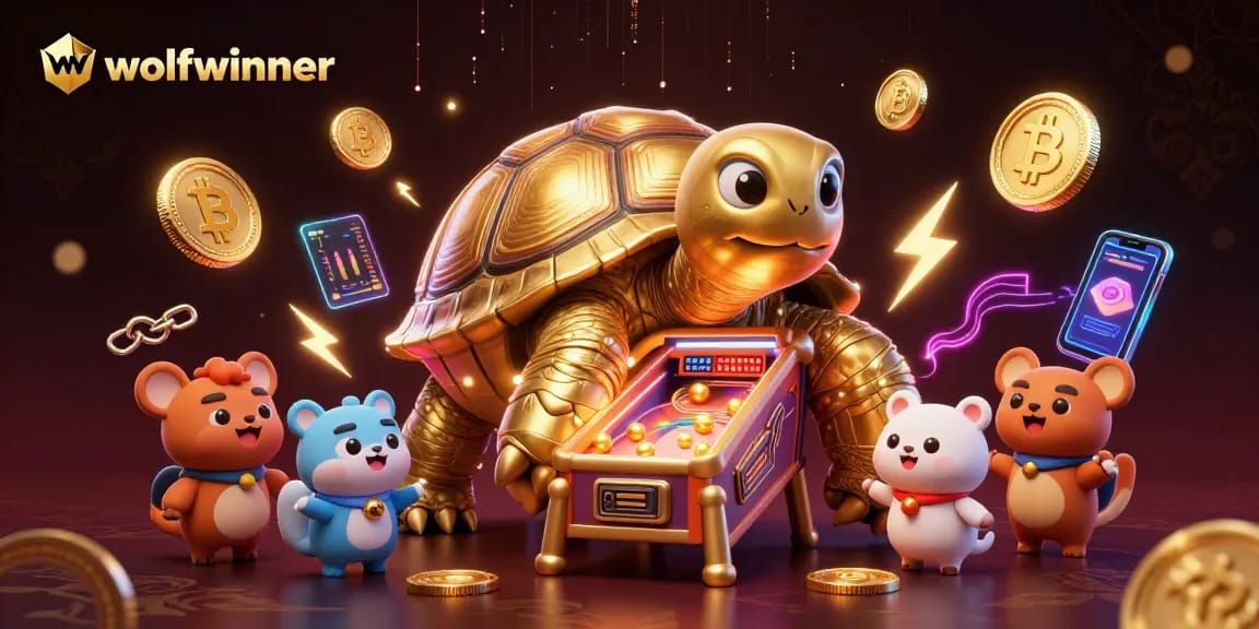 Engage with the wolfwinner casino experience featuring a golden tortoise pinball machine and crypto elements.