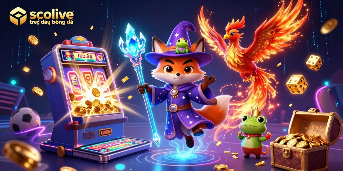Socolive trực tiếp bóng đá showcases an enchanting wizard fox alongside a phoenix in a dynamic gambling scene filled with sports elements.