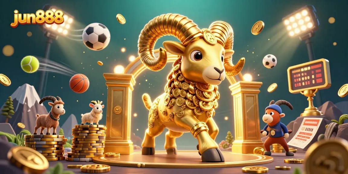 Experience thrilling action at jun888 with a golden charging ram amidst dynamic sports elements.