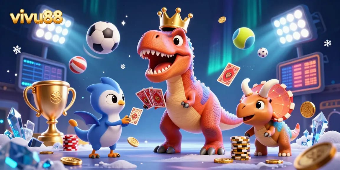 Experience thrilling games at vivu88 with a vibrant 3D illustration capturing the excitement of casino action