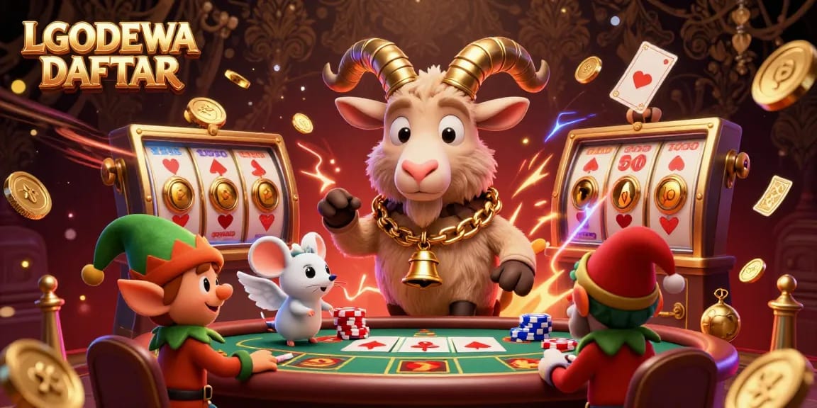 Engage with LGODEWA DAFTAR in a vibrant 3D casino scene featuring cartoon characters in a fun gaming atmosphere.
