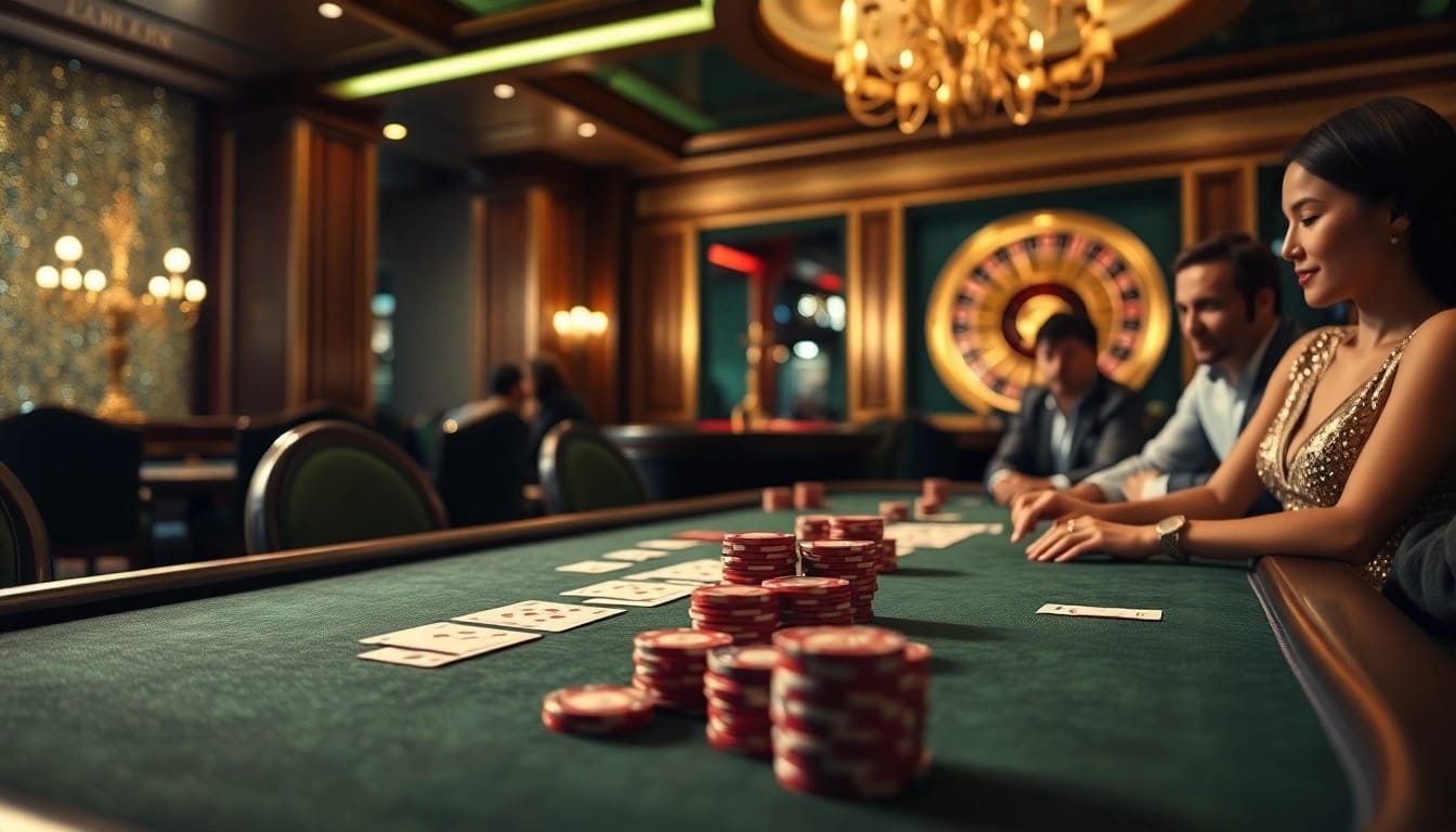 Xoilac players enjoying a thrilling poker game at an elegant casino table.