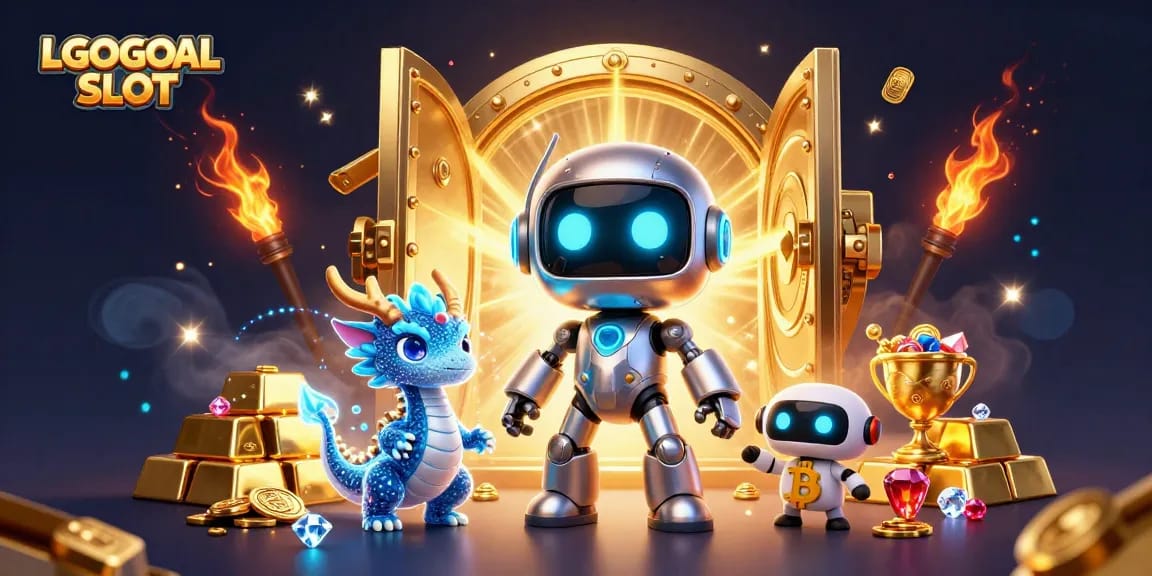 Spin and win big with LGOGOAL SLOT in a vibrant 3D casino scene filled with treasures.