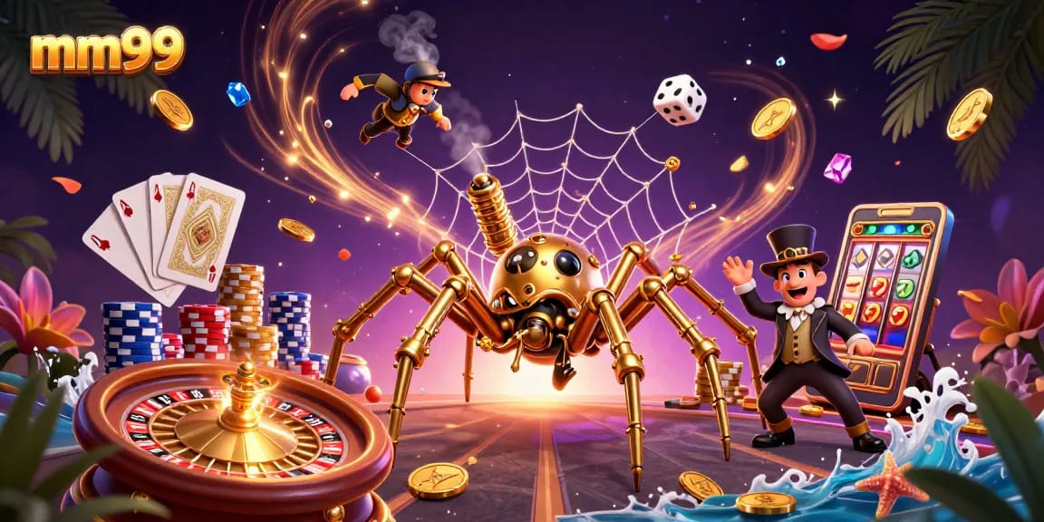 mm99 captures luck with steampunk characters amid golden coins and poker elements.