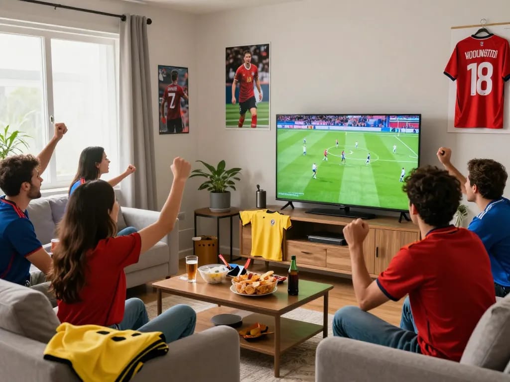 Cakhiatv viewers enjoying a live soccer match in a lively living room, showcasing team spirit and excitement.