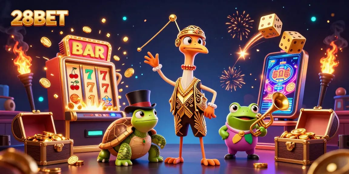 Engage in exciting gameplay at 28BET with vibrant casino elements and characters.