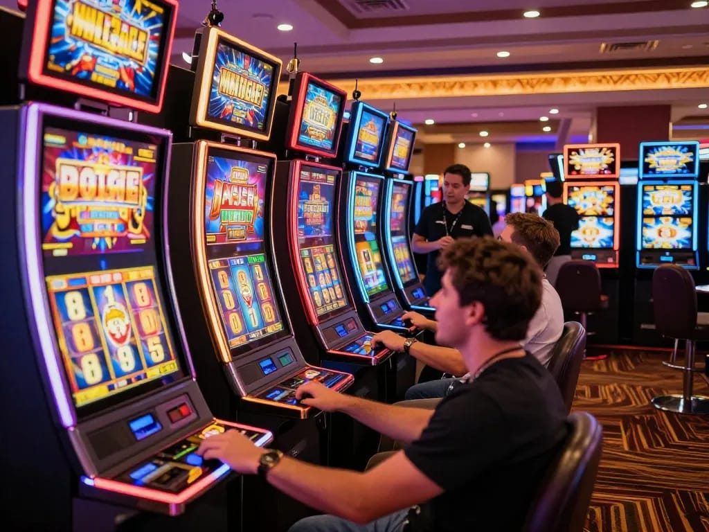Players engage with vibrant slot machines, celebrating a jackpot win in a lively casino setting.