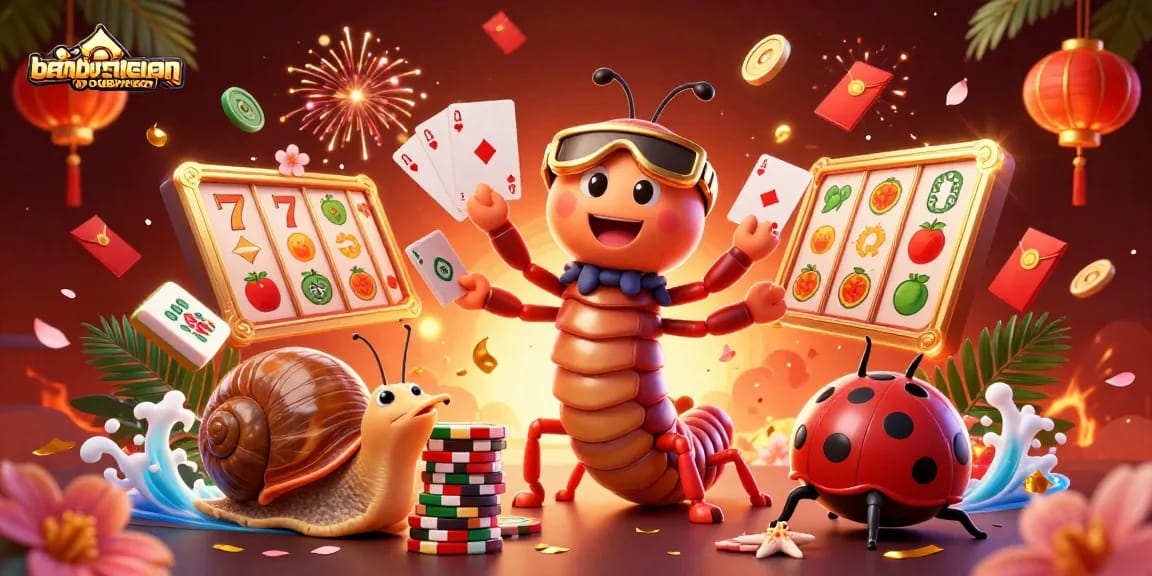 Bambumodernasian showcases a millipede dealer amid colorful slot reels, 3D mahjong tiles, and vibrant celebrations.