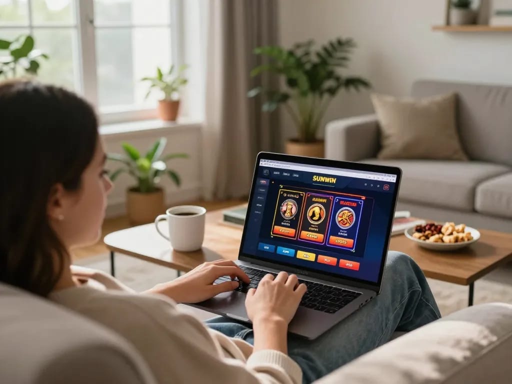 SUNWIN online gaming session showcasing a player engaging with casino games in a cozy home setup.