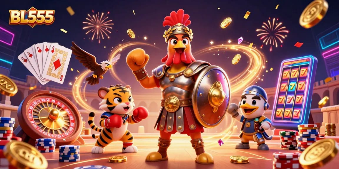 BL555 offers an exciting casino scene with a gladiator rooster, a tiger cub, and sparkling game elements