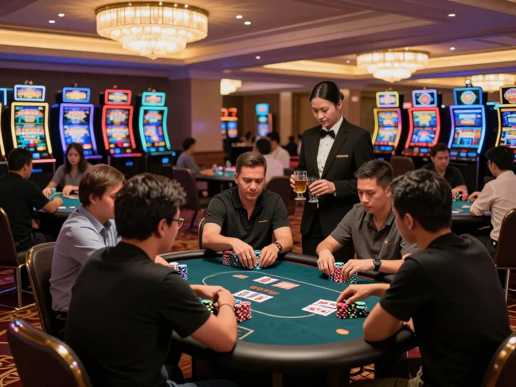 Players strategizing at a poker table, highlighting the link slot gacor experience in a luxurious casino setting.