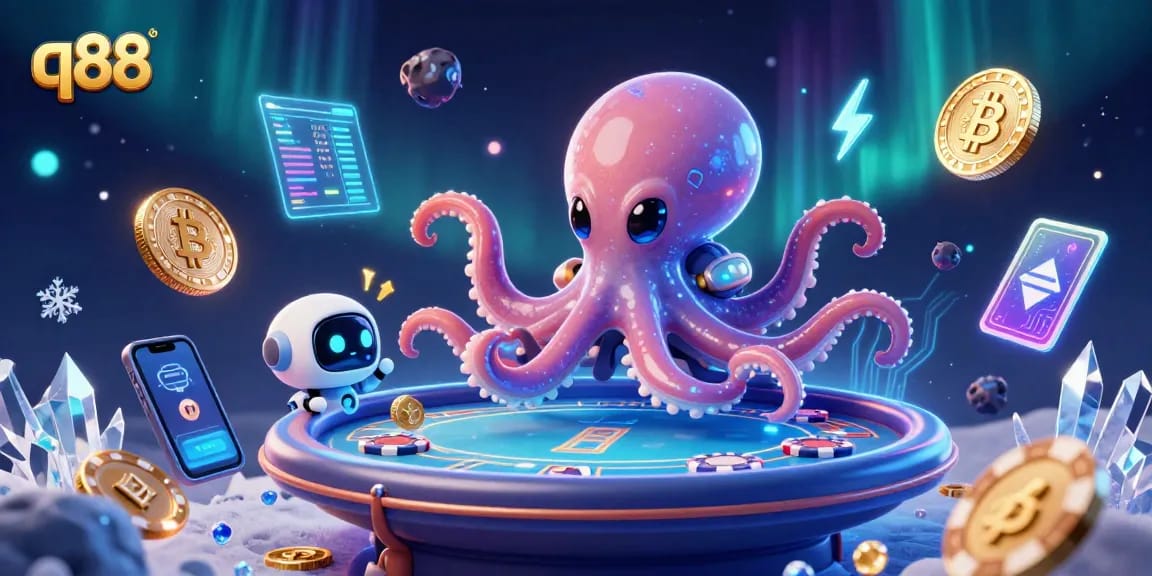 Engage with the thrilling q88 poker scene featuring an alien octopus and crypto elements.