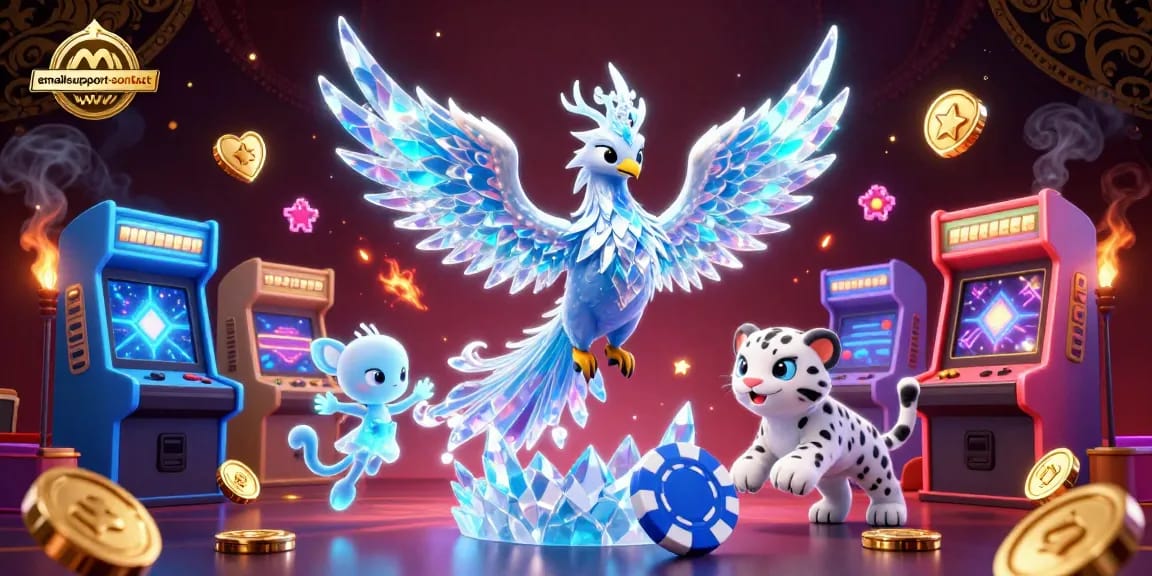 Engage in thrilling gameplay with emailsupport-contact featuring an ice phoenix and colorful game elements in a vibrant casino scene.