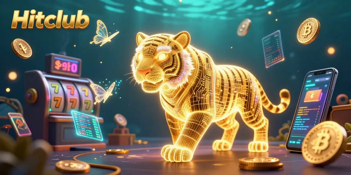 Experience the Hitclub adventure in a vibrant digital casino landscape featuring neon elements and cryptocurrencies.