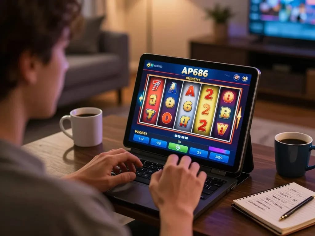 Pemain menikmati permainan slot mobile di aplikasi AP686 dari kenyamanan rumah, menekankan permainan yang menarik dan bertanggung jawab.