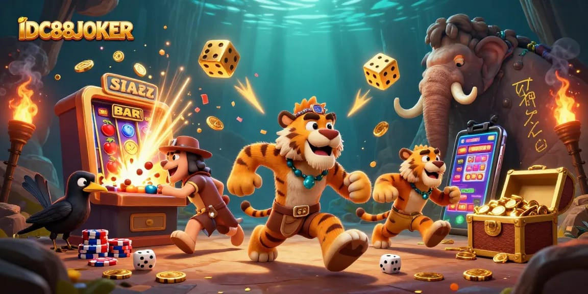 Experience thrilling wins at IDC88JOKER with a vibrant casino scene filled with jackpots and colorful games.