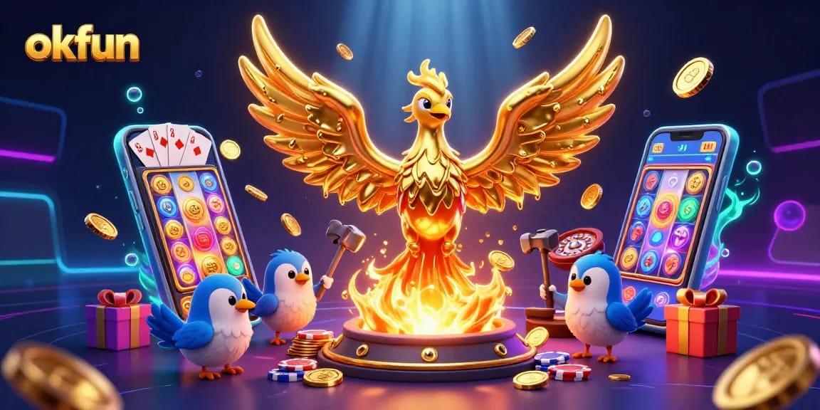 Engage with okfun's vibrant casino experience featuring gold-covered phoenix, colorful slot game elements, and lively gaming atmosphere.