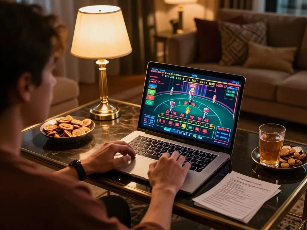 Engaging in online gaming with U888 on a laptop in a cozy home setting, showcasing strategic betting