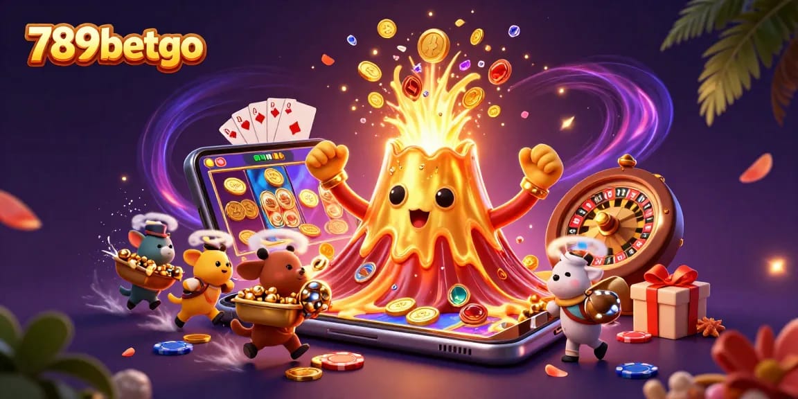 Experience thrilling gameplay with 789betgo featuring a golden volcano and vibrant casino elements.