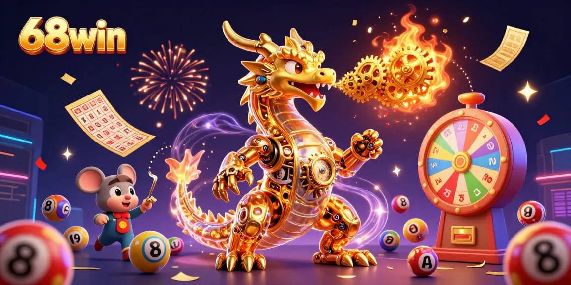 Experience the thrill of 68win with vibrant lottery elements and a golden dragon in a dynamic casino scene.
