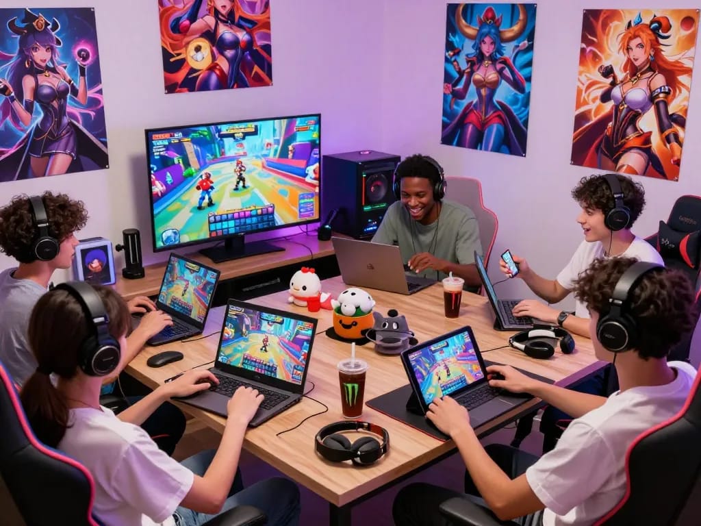 Players enjoying immersive hentai games on various devices in a vibrant gaming room