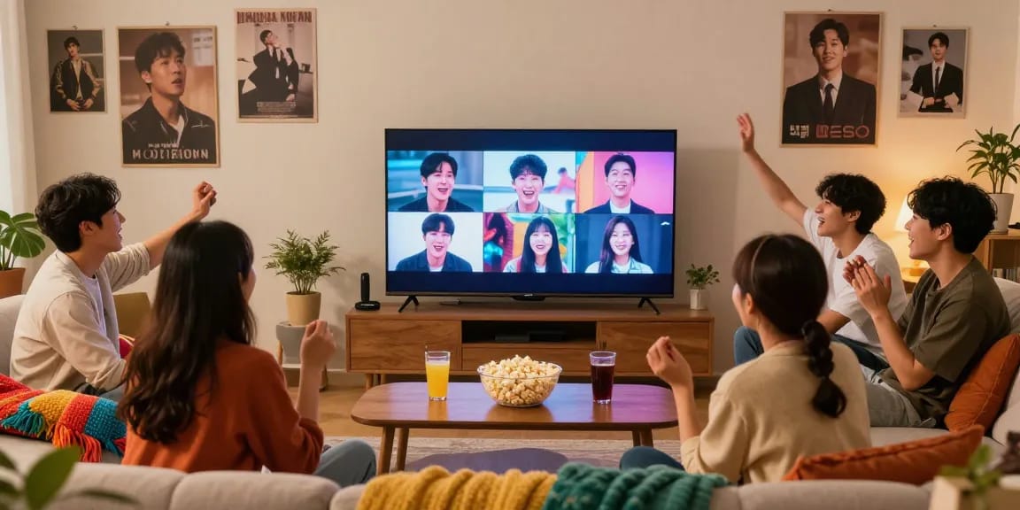 Enjoying a cozy movie night with friends while nonton bokep korea in a vibrant living room.