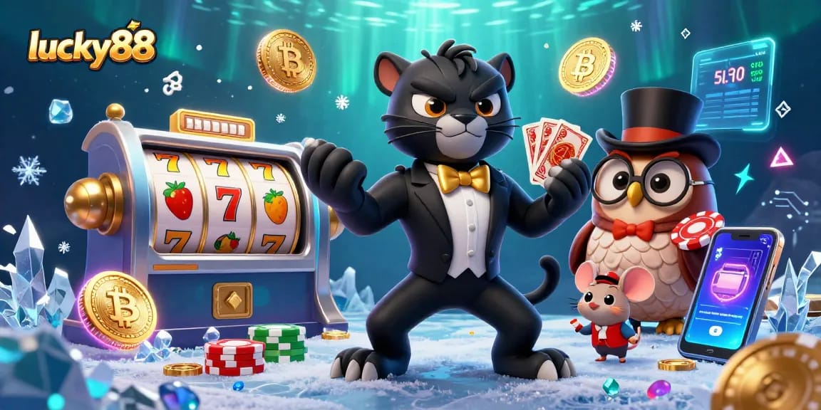 Spin to win with lucky88 in this vibrant 3D casino scene featuring characters and slot game elements.