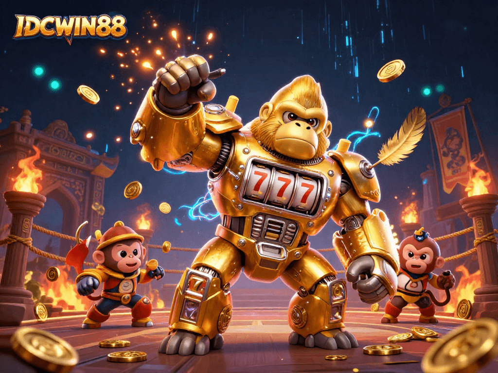 Experience thrilling gameplay at IDCWIN88 with a vibrant, dynamic casino-themed 3D illustration featuring exciting elements.