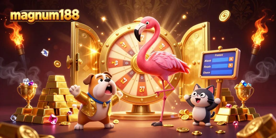 Spin the prize wheel with excitement at magnum188, featuring animated casino characters and treasures.
